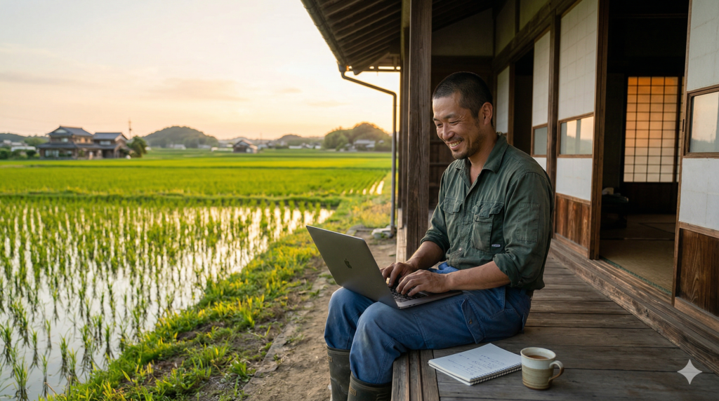 田んぼの前でパソコン作業をする男性