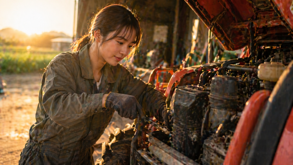 農業機械の修理に前向きな女性