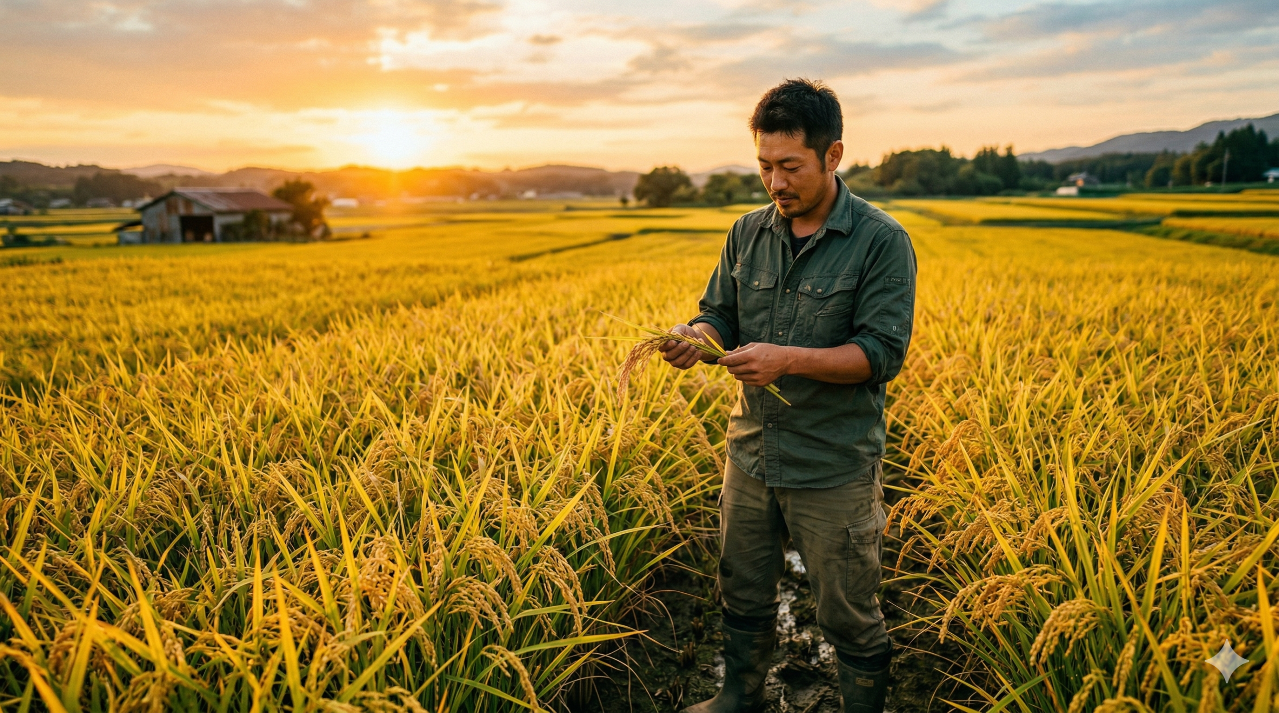 稲を見ながら就農を考える男性