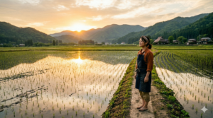 農道であたり一面の水田を眺める女性