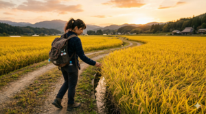 農道で稲を眺める女性