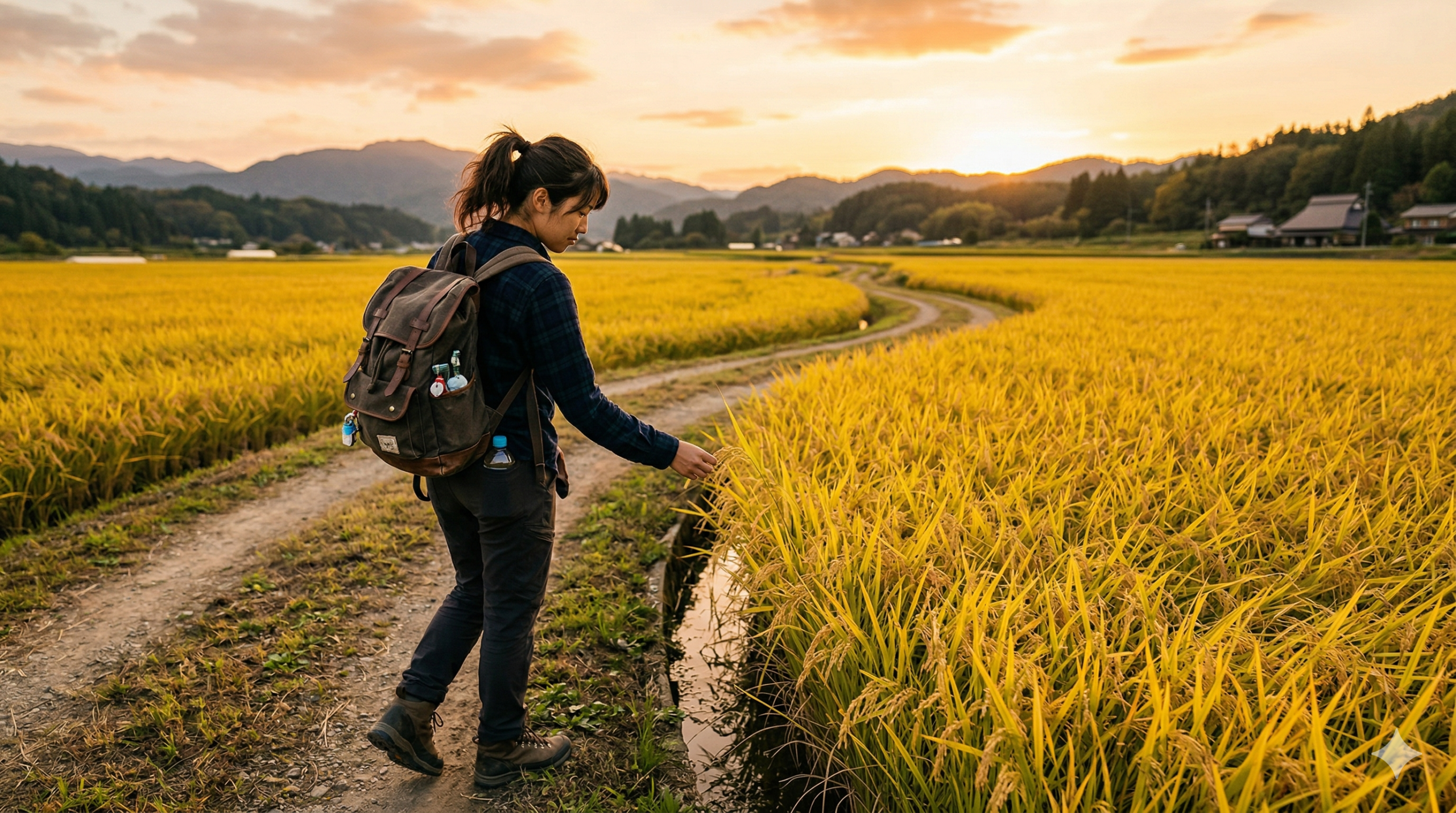 農道で稲を眺める女性