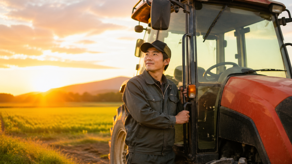 農業に前向きでトラクターを触る男性