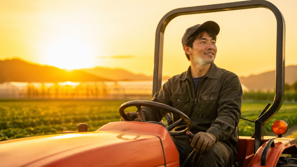 農業に前向きでトラクターを触る男性