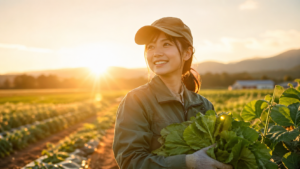 夕日の中の農場で微笑む女性