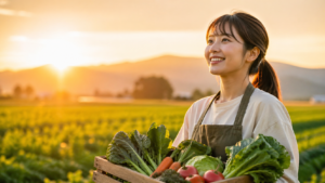 黄金色の田園風景と農婦