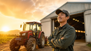 夕暮れの農場で自信を持つ男性