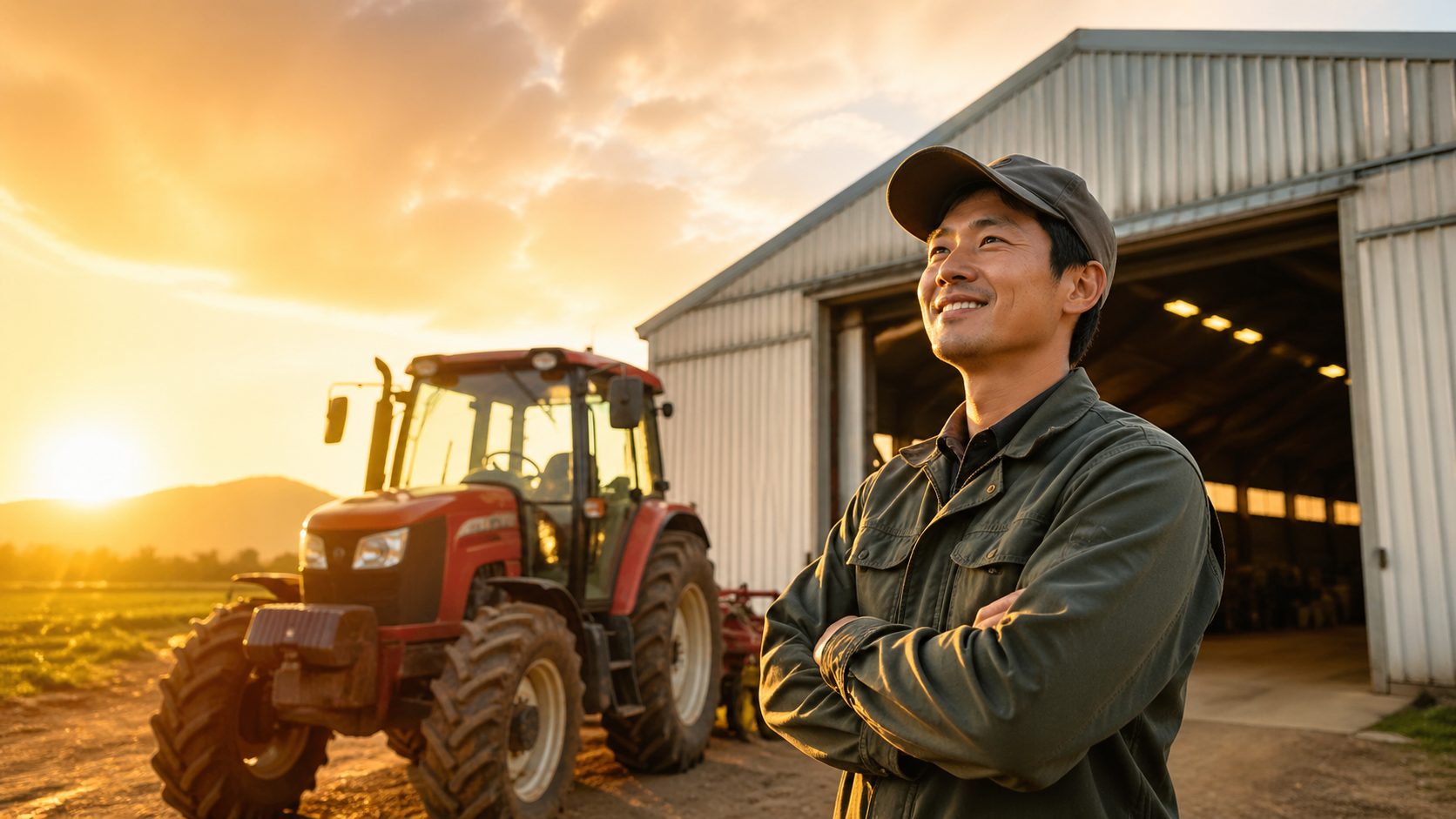 夕暮れの農場で自信を持つ男性