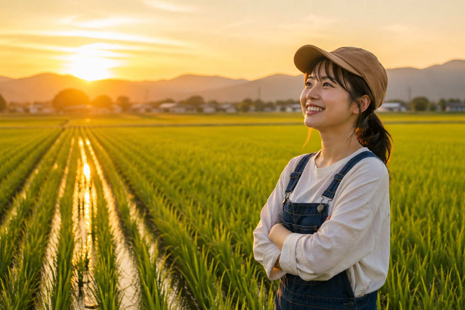 黄金色の夕暮れと田畑の風景