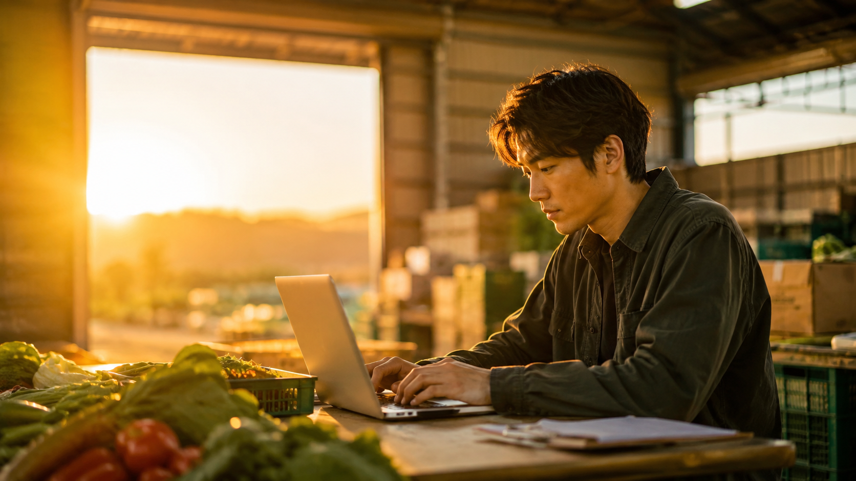 夕日の中で働く農作業者