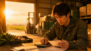 農場の倉庫で計算する男性