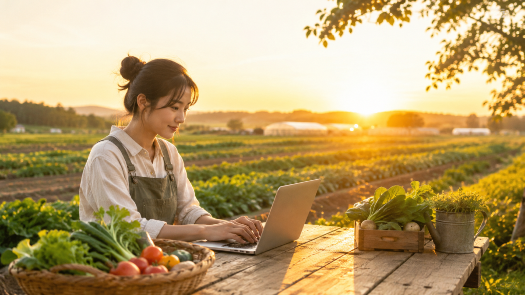 農場の夕日で作業する女性