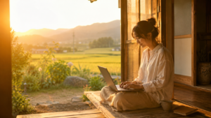 温かな光の中で作業する女性