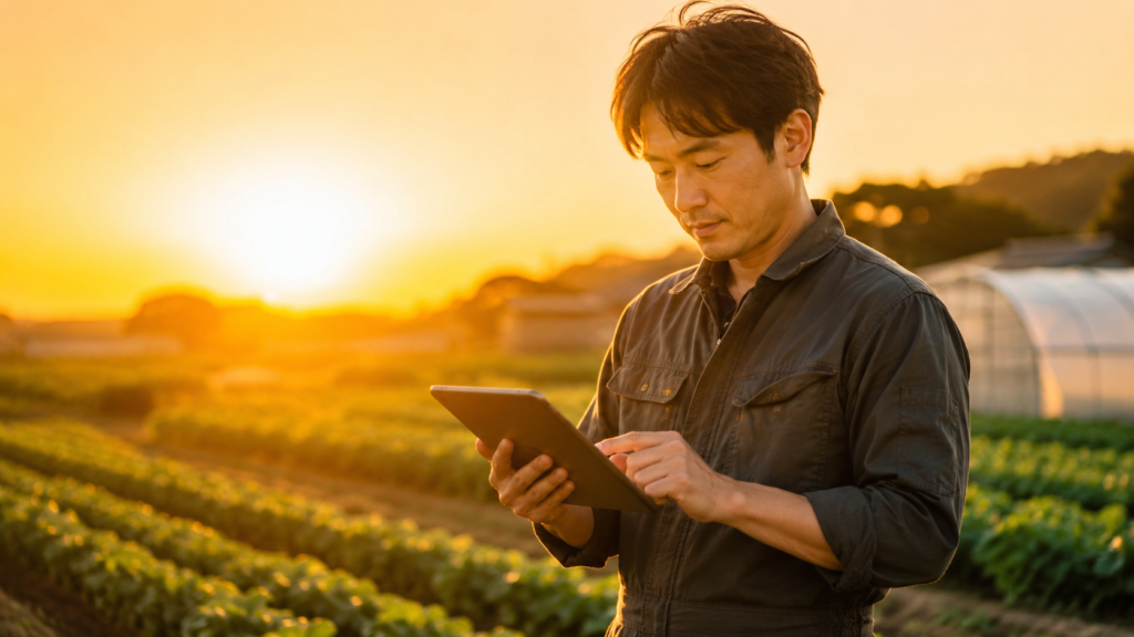 夕暮れの農場で作業する男性