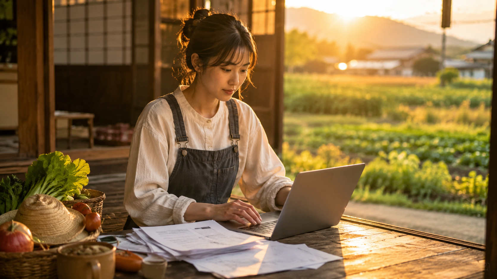 温かな光の中で作業する女性