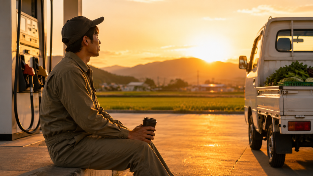 夕日のガソリンスタンドで休息