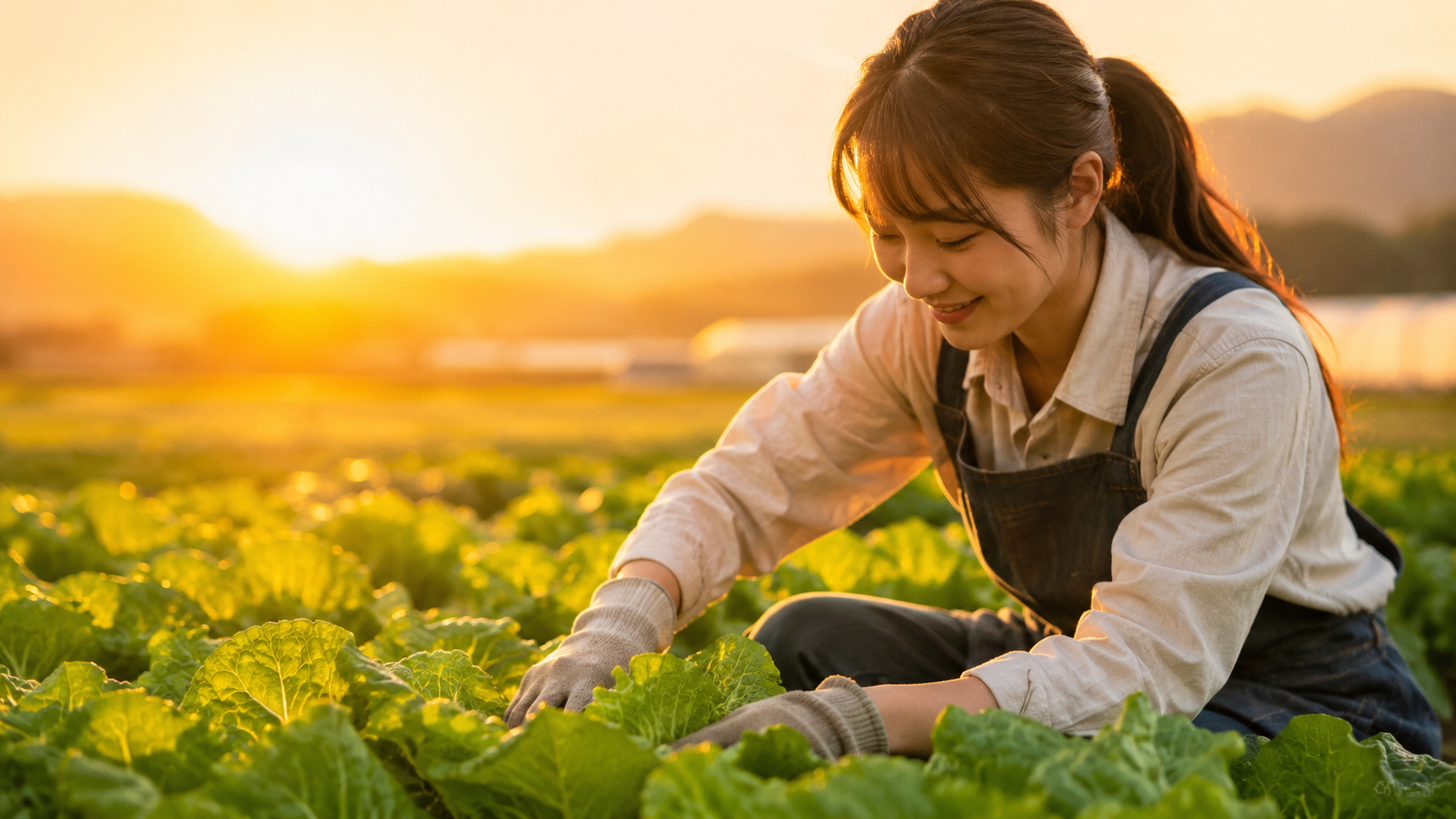 温かな光の中で作業する女性
