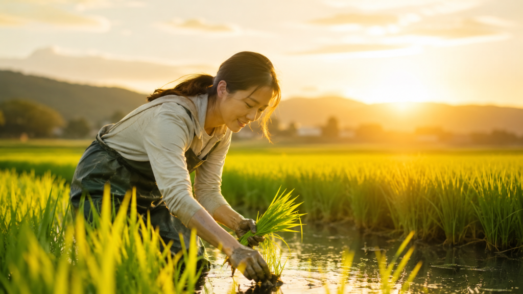 夕日の田んぼで働く女性