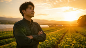 夕日の農場で考え込む農夫