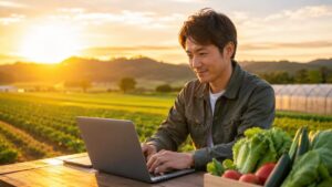 農場の夕日の下で作業する人