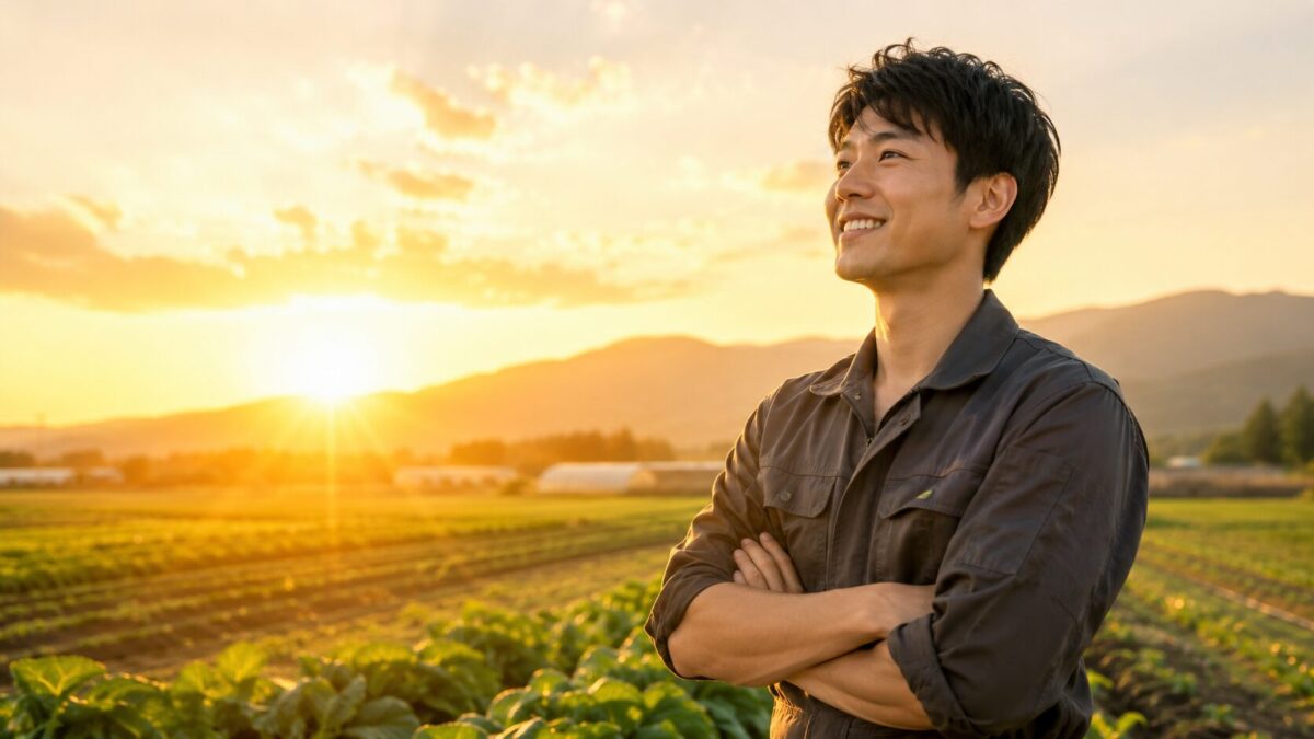 夕暮れの農場と自信に満ちた農夫