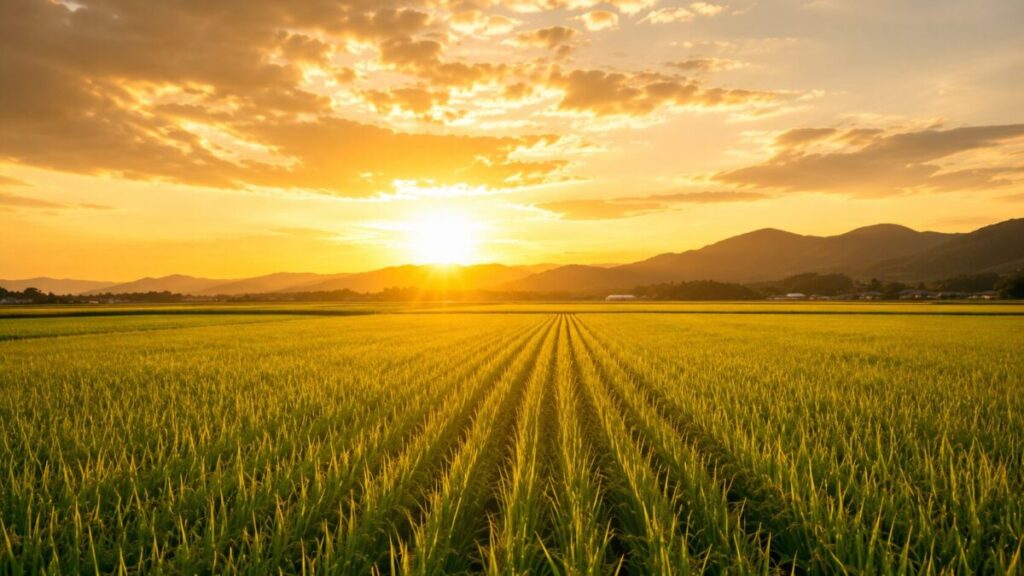 夕日が照らす広大な田園風景