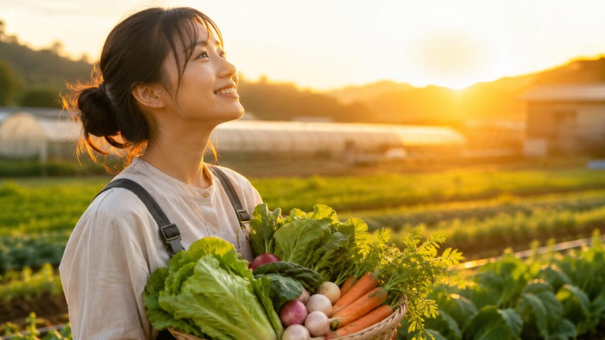黄金の時間、収穫を喜ぶ農婦