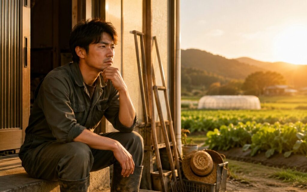 夕暮れ時の農場で思索する青年