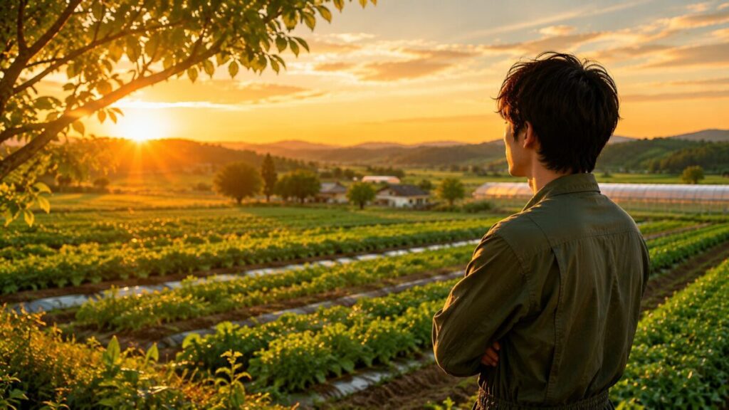 夕日の中の広大な農場