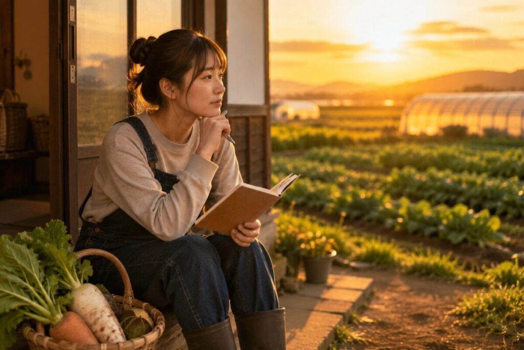 夕日の中の農場のひととき