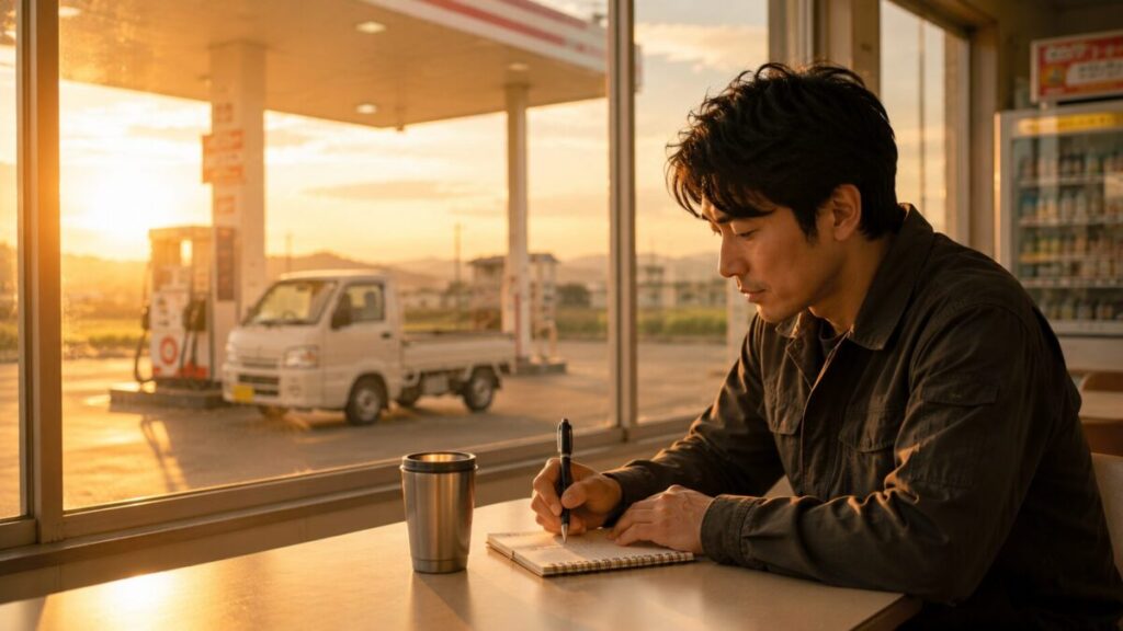 ガソリンスタンドでの夕日と静かな時間