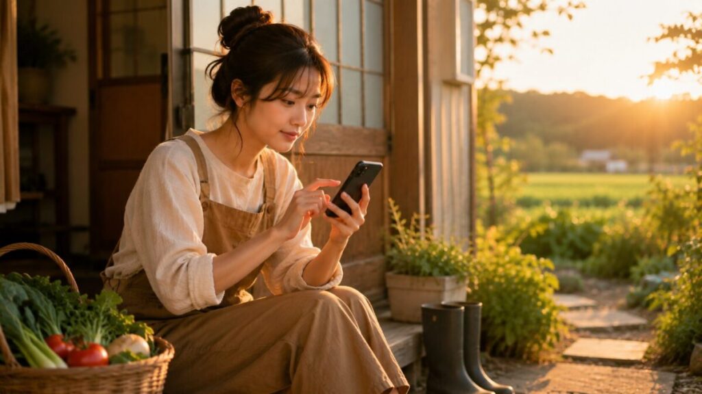 夕暮れの庭先でスマホを操作