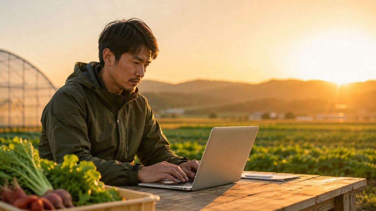 黄金色の夕暮れと農場の仕事
