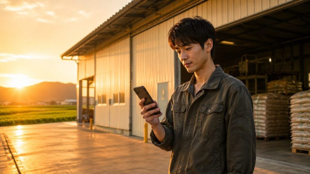 夕暮れ時の工場とスマホの青年