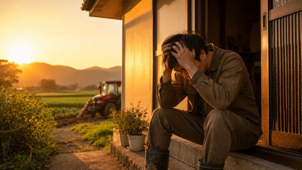 夕暮れ時のポーチで悩む男性