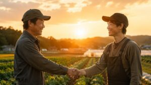 夕日の中で働く者たち