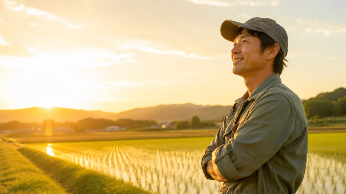 夕暮れの田園風景と農夫