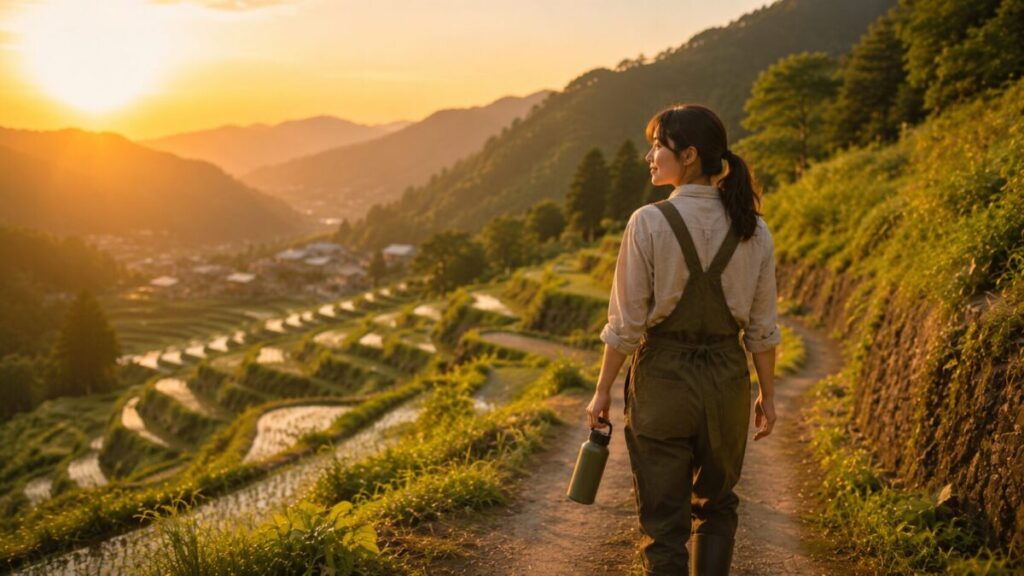 山間の夕陽と美しい風景