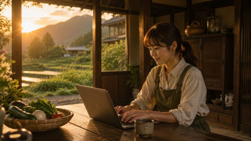 夕日の中の田舎の作業風景