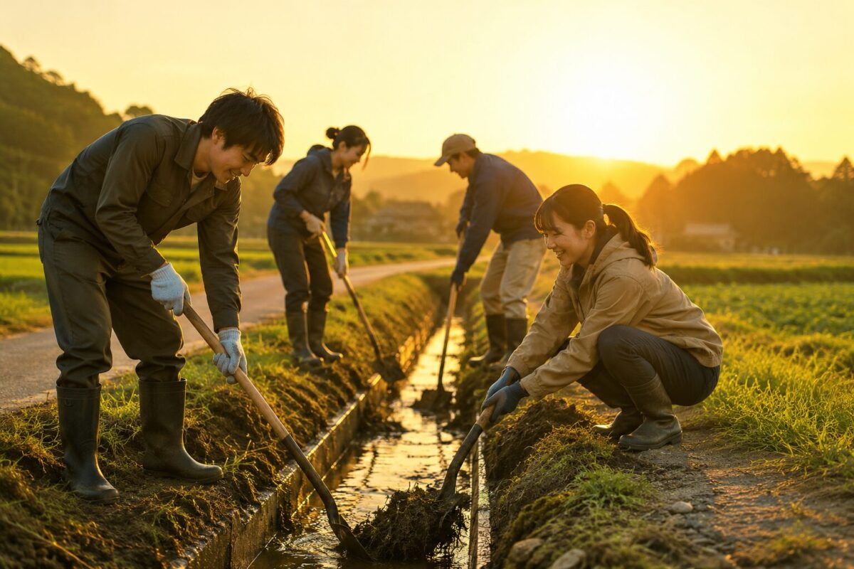 夕暮れの田園作業風景
