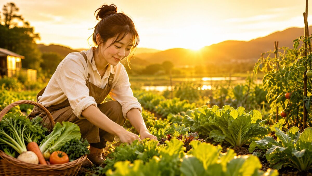 夕暮れ時の農場での収穫