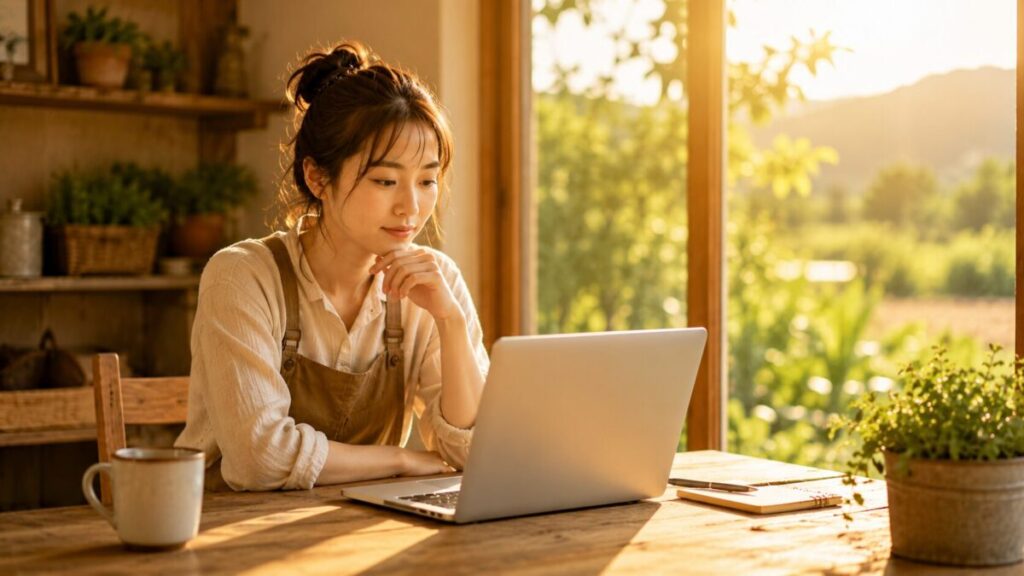 暖かな光の中で仕事をする女性