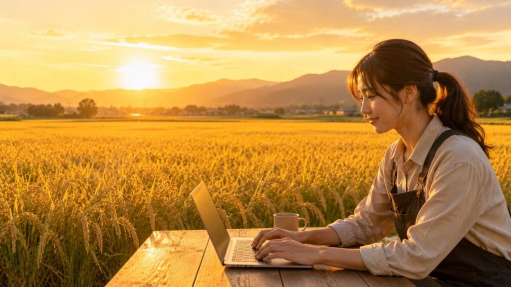 夕暮れの農村で作業する様子