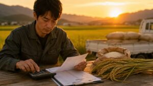農場の夕暮れ時の作業