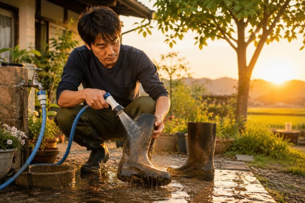 庭でブーツを洗う夕暮れ