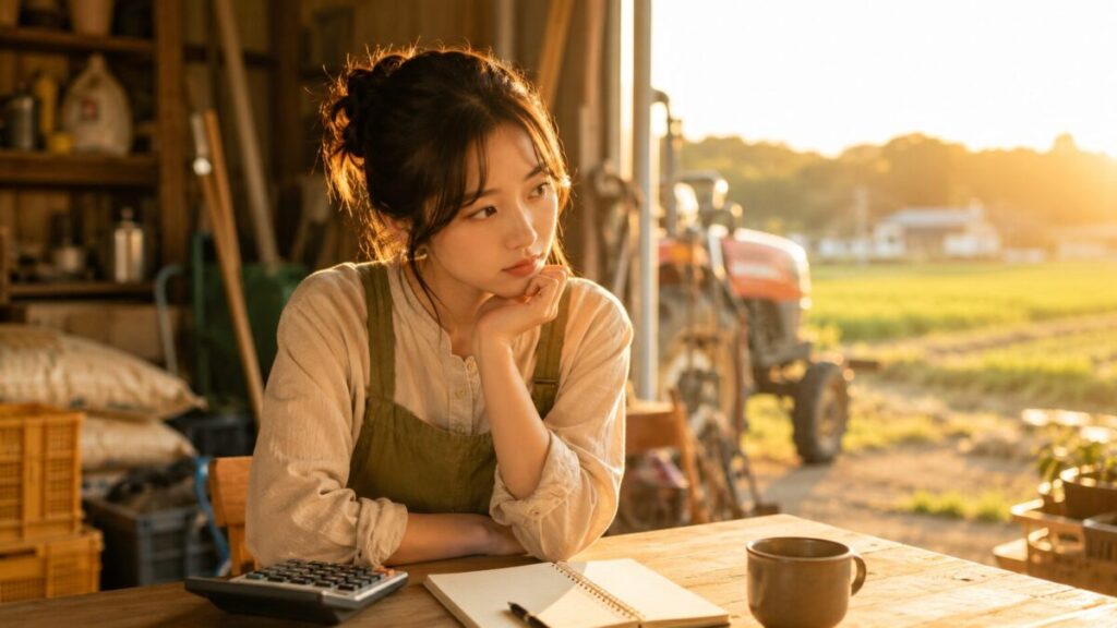 夕暮れ時の農場作業