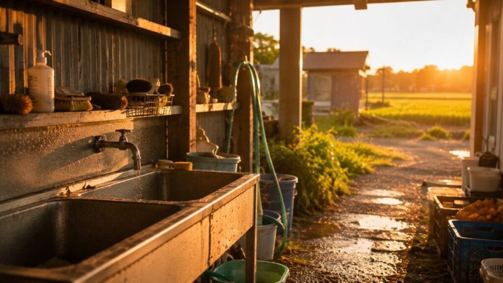 夕日の中の農場洗い場