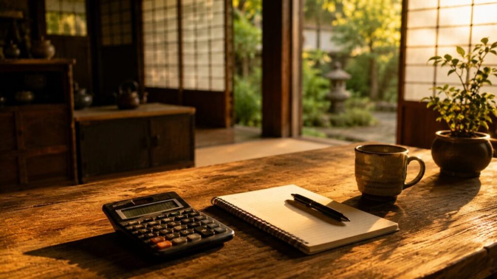 電卓とメモ帳が置いてある様子
