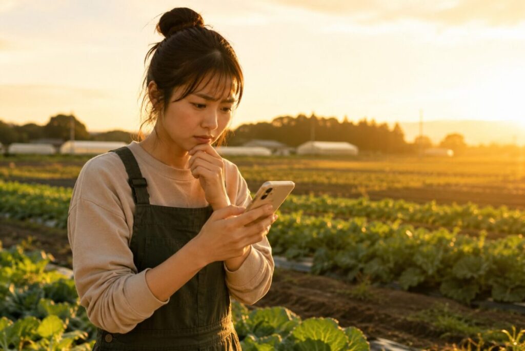 夕焼けの農場でスマホを見つめる女性