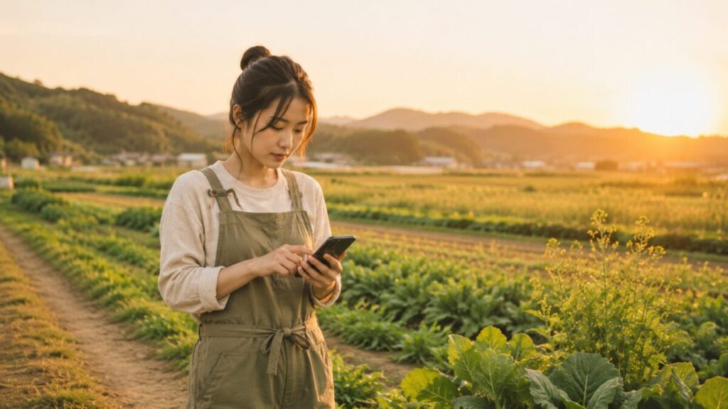 スマホで調べ物をする女性